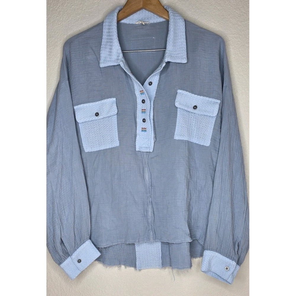 POL Oversize Button Blue Ballon Sleeve Boho Chic Tunic Top Woman M Gauze Cottage